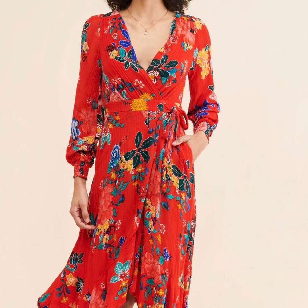 Anthropologie Red Floral Metallic Pinstripe Handkerchief Hem Wrap Dress Size 8